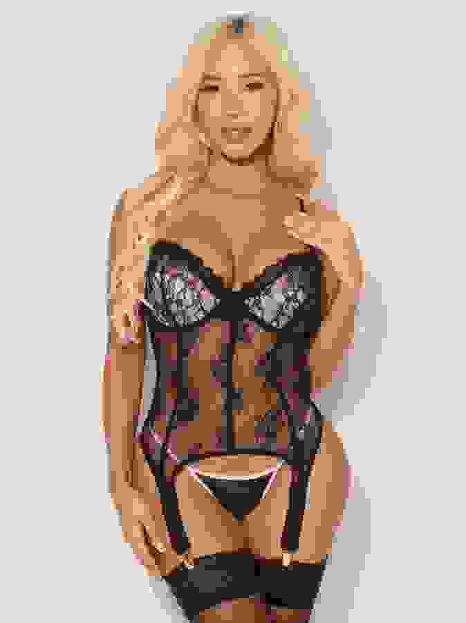 House of Desire Black Jocelyn Lace & Satin Underwire Basque Set, Black, hi-res